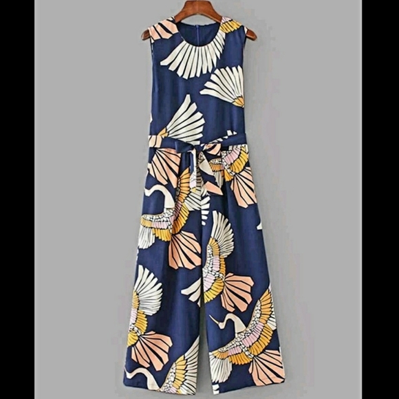 Colorfull Bird print Belted Wide Leg Jumpsuit romper - Picture 2 of 13